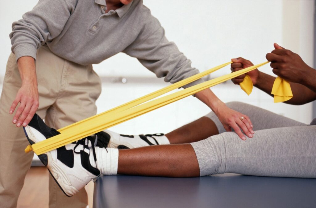 Physical therapist assisting a patient with resistance band exercises for leg rehabilitation.