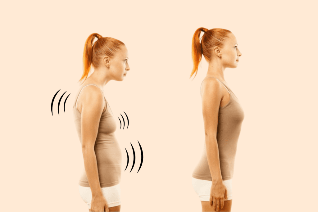 Side-by-side of a woman with slouched posture on the left and upright posture on the right.